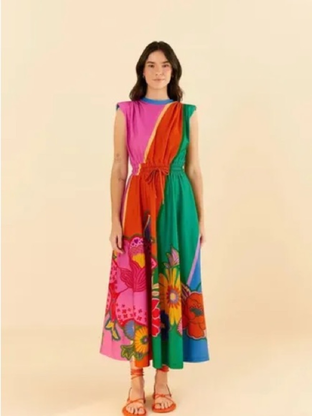 FARM Rio Colorblock Floral Midi Dress in Pink, Orange, Green & Blue